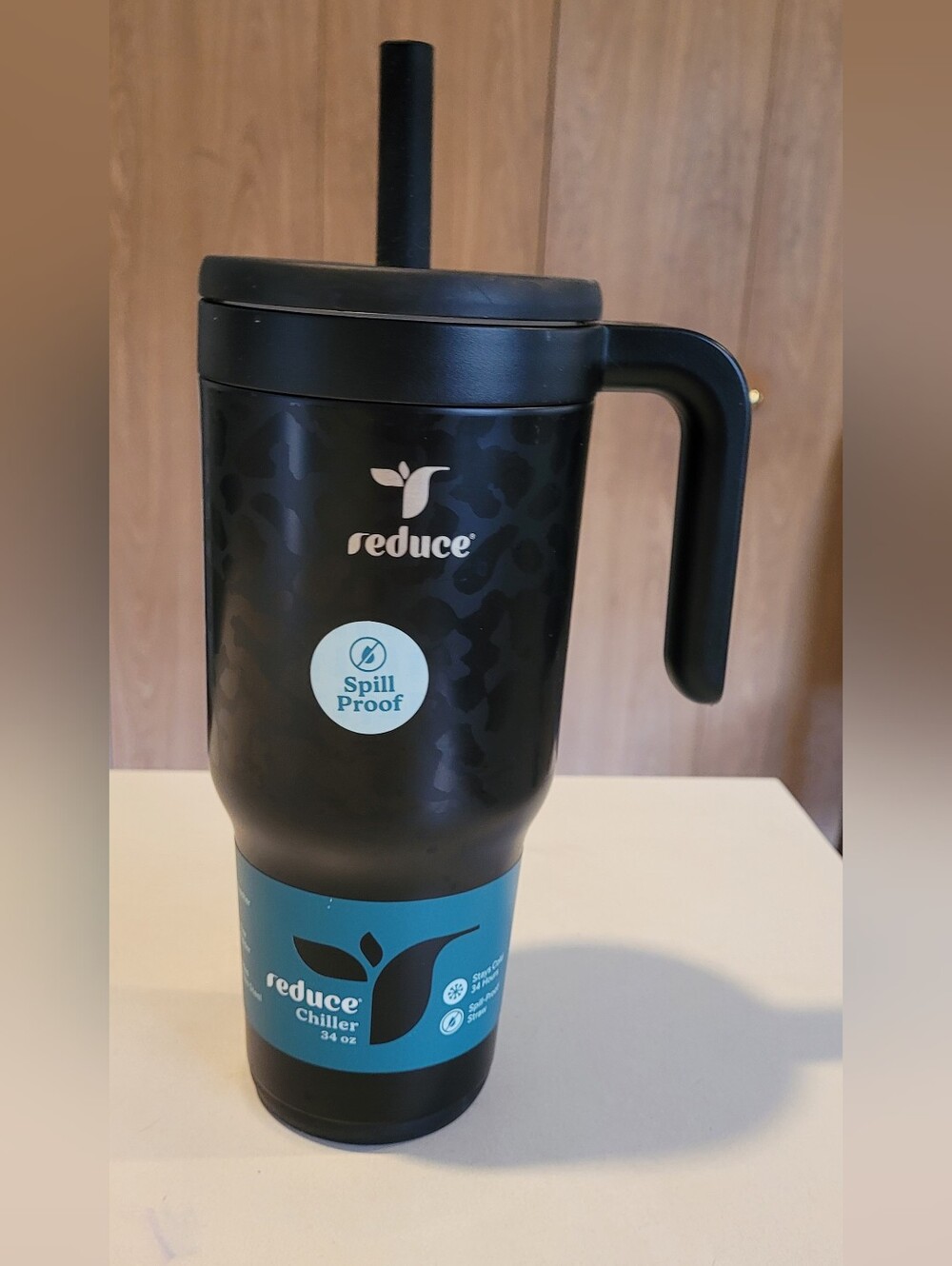 NWT Reduce Black Cheetah 34 Oz. Spill Proof Chill Travel Mug